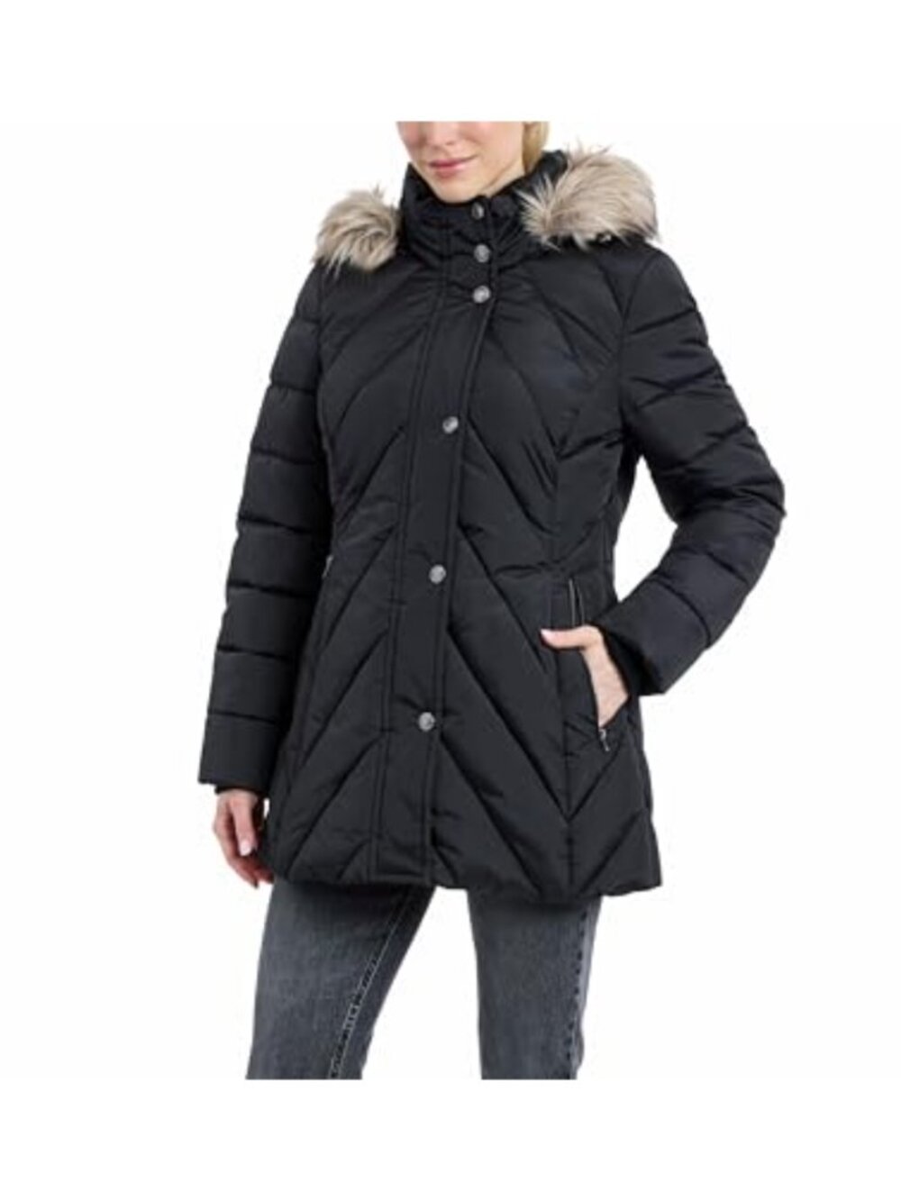 Heavyweight Chevron Puffer Hooded Coat Down Alternative Quilted
